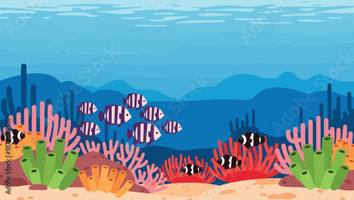 Vibrant underwater scene with coral reef and fish.