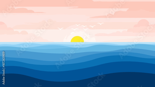 Serene ocean landscape with sunset and calm waves.