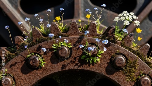 A Close-Up Study of Wildflowers Thriving within the Teeth of an Abandoned Iron Gear