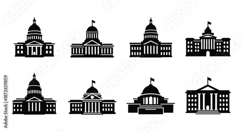Collection of silhouette illustrations depicting various iconic government buildings and capitol structures