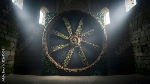 A Large Circular Turbine Blades Art Installation Illuminated by Atmospheric Sunbeams in a Medieval Stone Interior.
