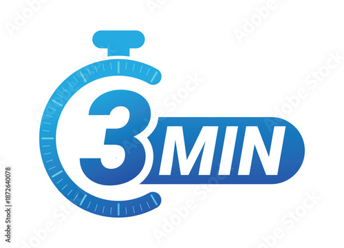 Three minutes countdown timer with stopwatch symbol on white background. Clean modern vector logo illustration for productivity and time management.