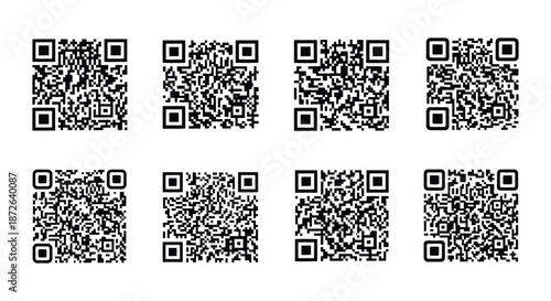 Arrangement of eight black and white square quick response codes on a plain white background