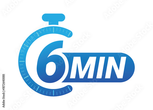 Six minutes countdown timer with stopwatch symbol on white background. Clean modern vector logo illustration for productivity and time management.