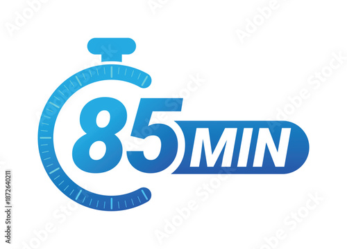 Eighty-five minutes countdown timer with stopwatch symbol on white background. Clean modern vector logo illustration for productivity and time management.