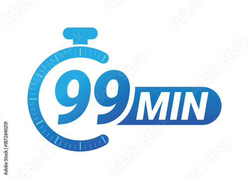 Ninety-nine minutes countdown timer with stopwatch symbol on white background. Clean modern vector logo illustration for productivity and time management.