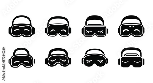 Collection of sleek modern virtual reality headset icons in various styles and perspectives
