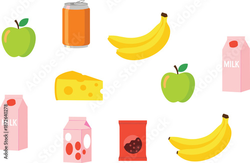 Cute grocery food items set with apple, banana, milk, cheese, juice and snack packaging flat vector illustration