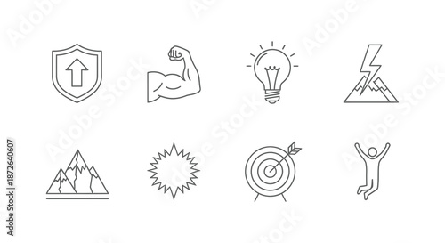A collection of linear icons representing strength security ideas and achieving goals