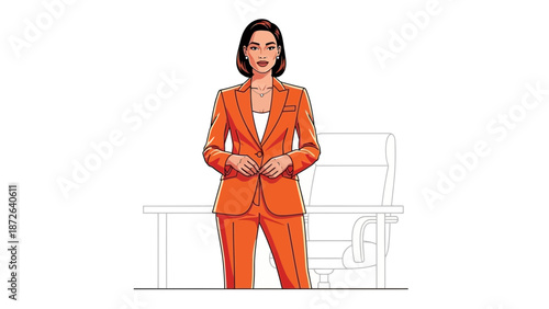 Professional Businesswoman Standing Confidently at Desk in Modern Office Illustration - Empowerment and Leadership Concept