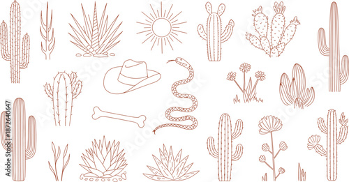 Desert line art illustration set with cacti, agave, snake, sun, western elements, minimalist boho southwest nature icons