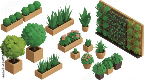 Isometric garden plants illustration set with potted trees, planter boxes, vertical garden wall, indoor outdoor greenery elements