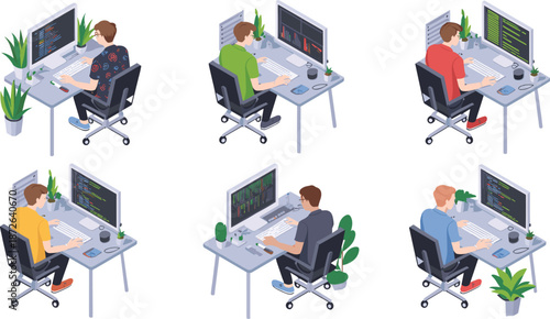 Isometric programmer working at desk illustrations, software developer coding scenes, modern workspace, programming and technology concepts
