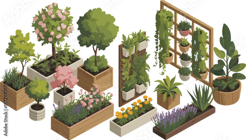 Isometric garden plants illustration set with potted trees, planter boxes, vertical garden wall, indoor outdoor greenery elements