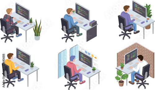 Isometric programmer working at desk illustrations, software developer coding scenes, modern workspace, programming and technology concepts