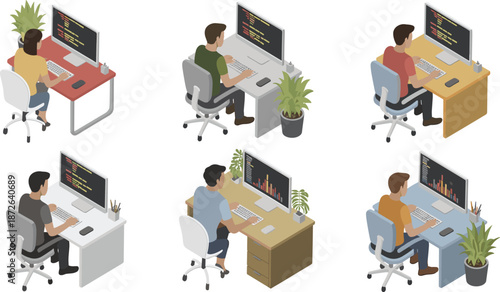 Isometric programmer workspace illustrations, software developer coding at desk, modern office setup, freelance and tech work concepts
