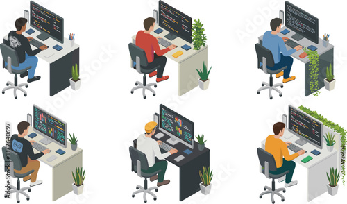 Isometric programmer workspace illustrations, software developer coding at desk, modern office setup, freelance and tech work concepts