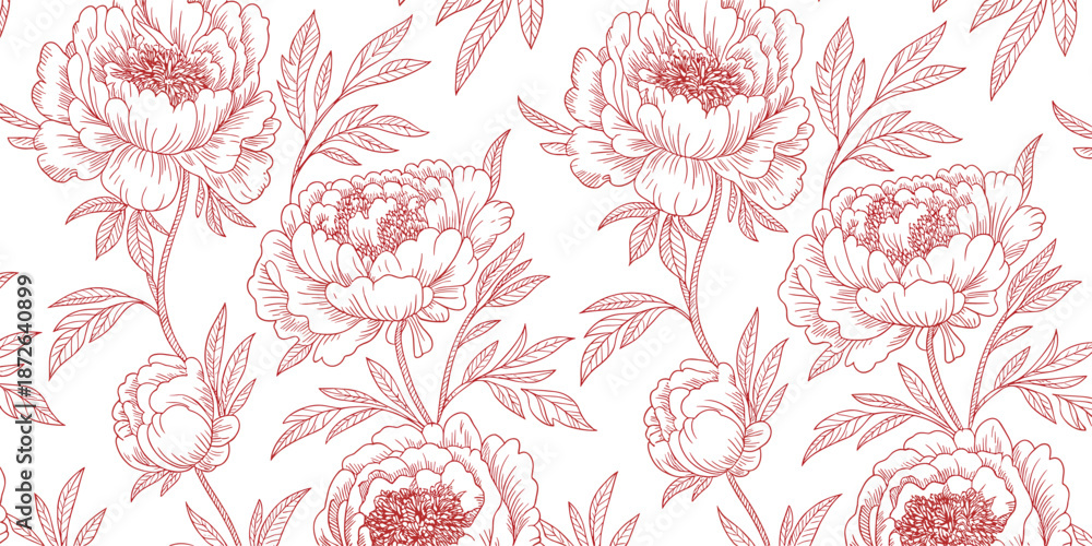 Obraz premium Seamless peony floral line art pattern, elegant hand drawn flowers, minimal botanical background, romantic vintage design