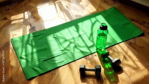 A green yoga mat with a water bottle and dumbbells on a wooden floor, illuminated by sunlight streaming through a window.