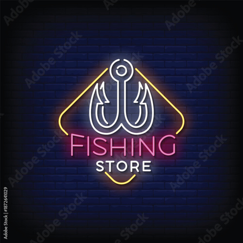 fishing store neon signboard with brick wall background vector