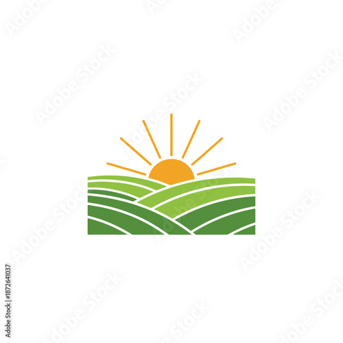 Fotografía Stylized landscape with sun rising over green hills.