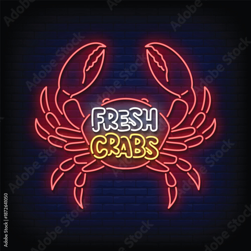 fresh crabs neon signboard with brick wall background vector