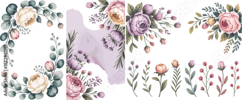 Watercolor floral arrangement set, romantic pastel flowers and leaves, vintage botanical compositions, elegant wedding invitation design elements