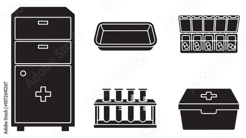Professional medical laboratory furniture and clinical equipment set featuring storage cabinets and test tube racks for pharmaceutical facility management business branding.