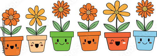 Cute smiling flower pot character vector set with colorful blooming plants and kawaii faces in playful cartoon style