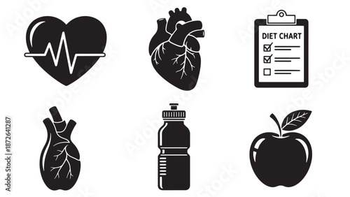 Professional heart health and nutrition wellness icon set for clinical dietetics cardiac rehabilitation and modern fitness insurance business marketing resources.