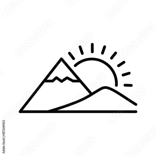 Simple line art mountain landscape with rising sun