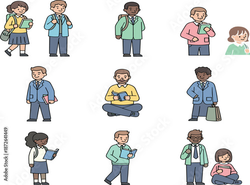 Cute student and teacher character vector set with diverse people reading books for education and learning concepts