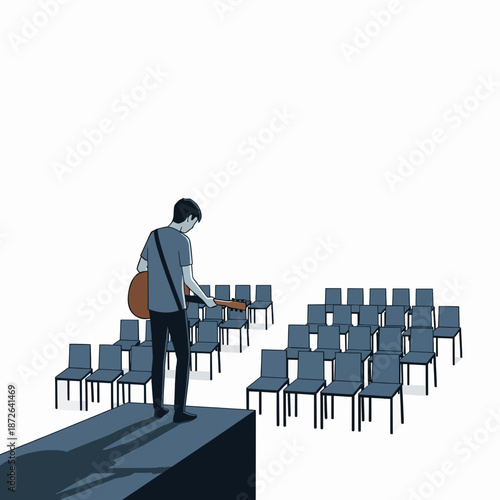 Lonely Musician Playing Guitar Alone on Stage Illustration