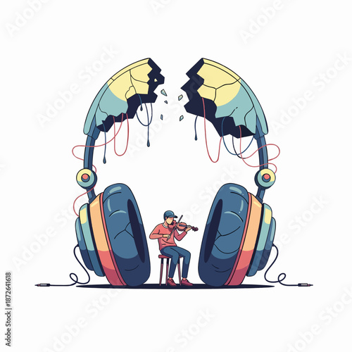 Lonely Violinist With Headphones Artistic Illustration