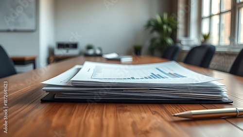 Neatly arranged financial documents on a wooden desk with warm natural lighting in a minimalist office.