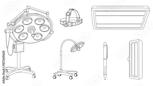 Professional surgical lighting equipment featuring LED overhead theater lamps and clinical headlamps for modern hospital operating room business management services.