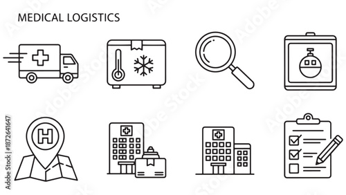 Hospital facility management and medical laboratory logistics icon collection for clinical supply chain business services and pharmaceutical industry research branding.