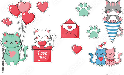 Cute valentine cat stickers with hearts, love envelope, paw prints and romantic kawaii cartoon illustrations
