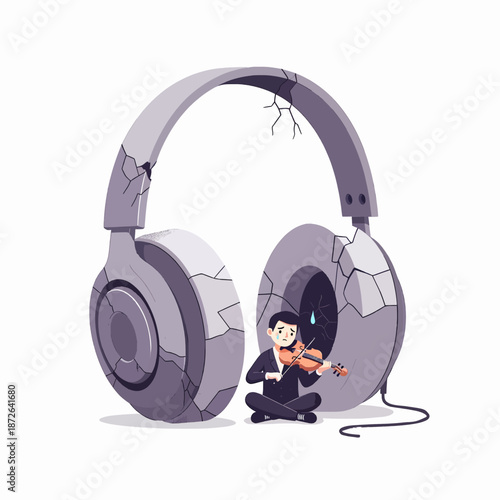 Person Playing Violin Inside Headphones Concept Illustration