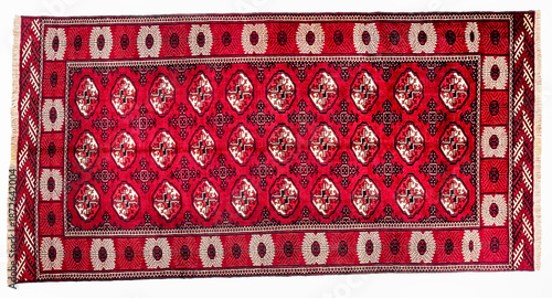 Фотография Traditional hand-knotted red Bukhara rug with geometric Guls, intricate motifs