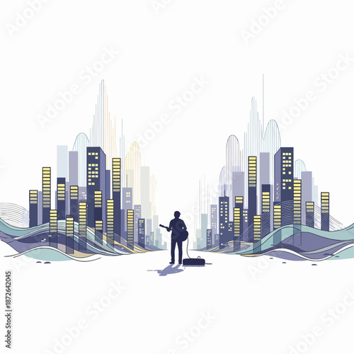 Lonely Performer in Modern Cityscape Illustration