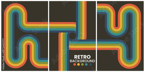 Retro Geometric Shapes in Warm Tones on Black Background Triptych