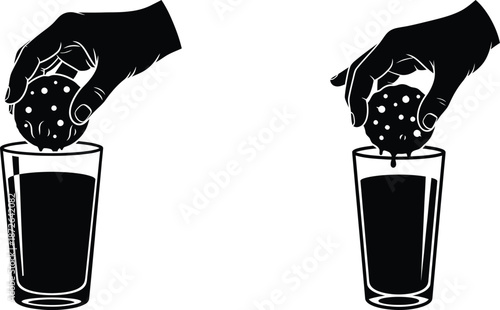 Hand Dunking Cookie Into Glass of Milk, Simple Black and White Silhouette Style