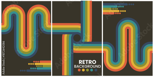 Retro Geometric Shapes in Warm Tones on Black Background Triptych