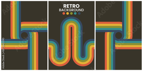 Retro Geometric Shapes in Warm Tones on Black Background Triptych