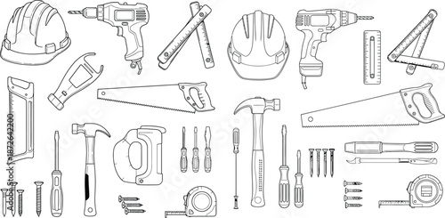 Handdrawn construction tools illustration featuring a hard hat, hammer, screwdriver, and various measuring instruments