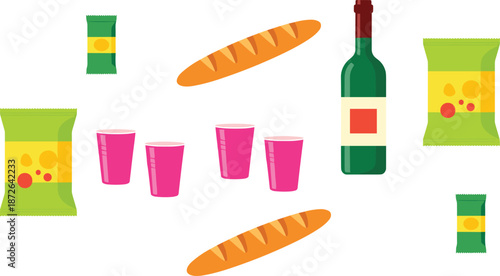 Flat grocery food and drink items set with bread, wine bottle, snack packets and cups vector illustration