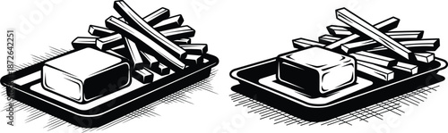 Handdrawn french fries with sauce in monochrome style, fast food illustration, set