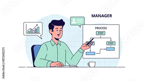 Manager explains business process flowchart and growth chart in modern office