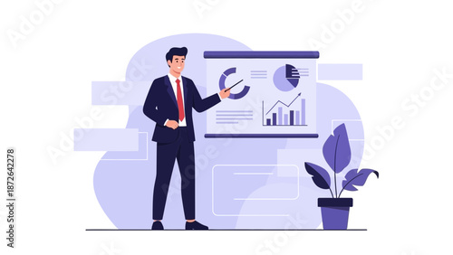 Businessman presenting financial charts and graphs on a whiteboard